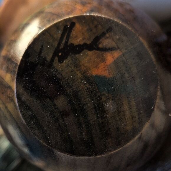 Hand Crafted Elegant Brown Wooden Vase With Green Accents - Picture 4 of 9